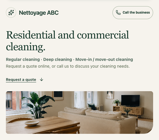 Nettoyage ABC demo website: residential and commercial cleaning, a clean interior, and a request a quote button.