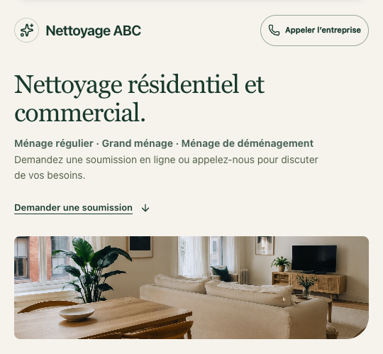 Site de démonstration Nettoyage ABC : nettoyage résidentiel et commercial, photo d’un intérieur et bouton de demande de soumission.